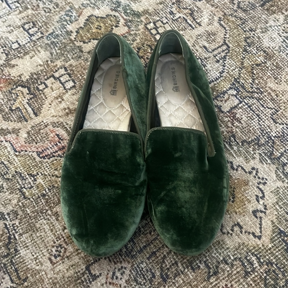 BIRDIES The Starling Velvet Loafers Flats Shoes Womens 7.5 Slip On Emerald Green
